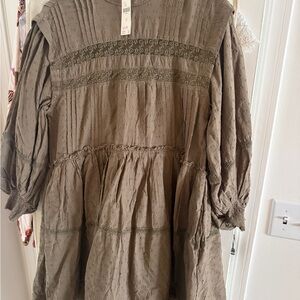 Anthropologie Textured Boho Tiered Mid Sleeve Dress - Olive Taupe